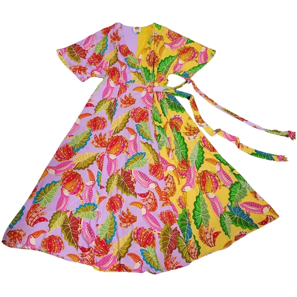 Farm Rio Anthropologie Beaks and Bananas lilac maxi wrap dress size S - Picture 6 of 14